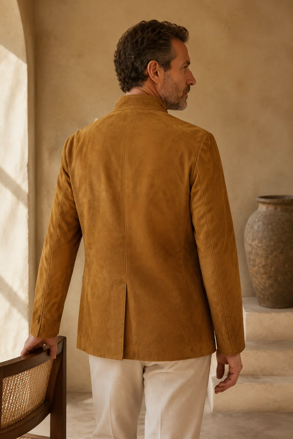Khaki suede band-collar blazer back view