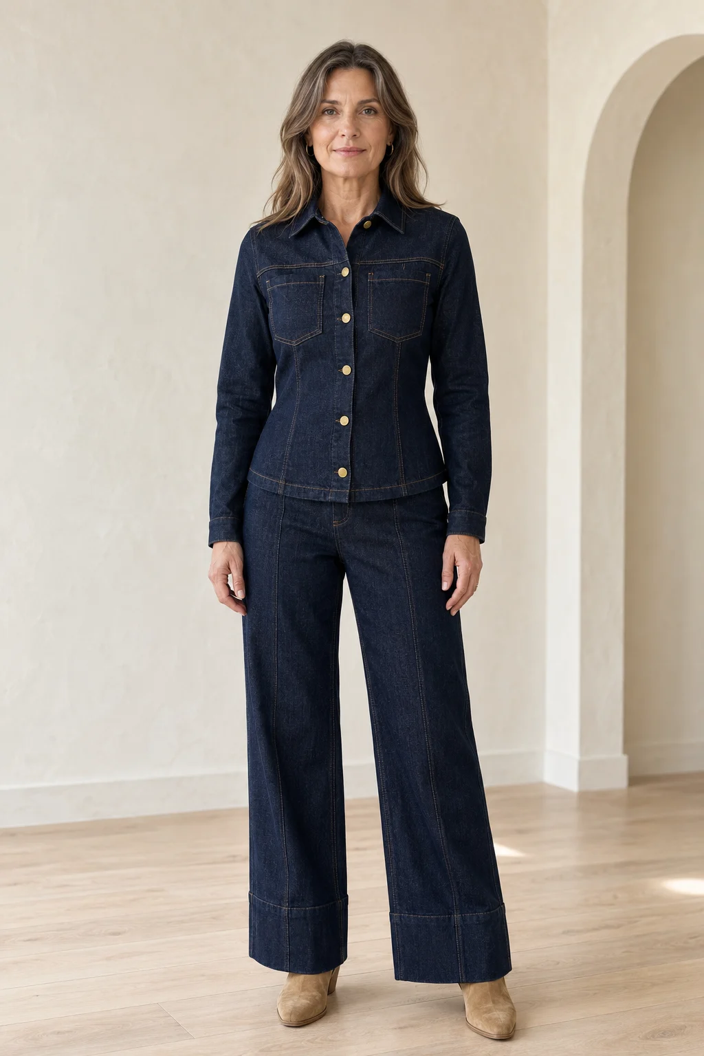 Full-length editorial image of Button Front Denim Blazer And Trouser Set