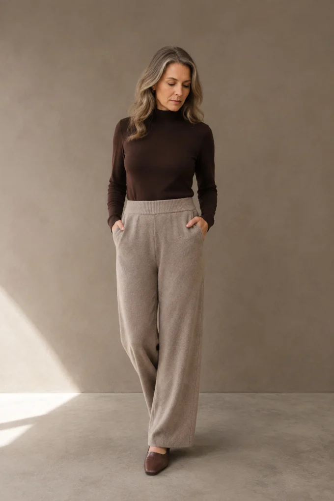 Beige Cashmere Blend Knit Lounge Pants on a mature woman against a charcoal taupe wall