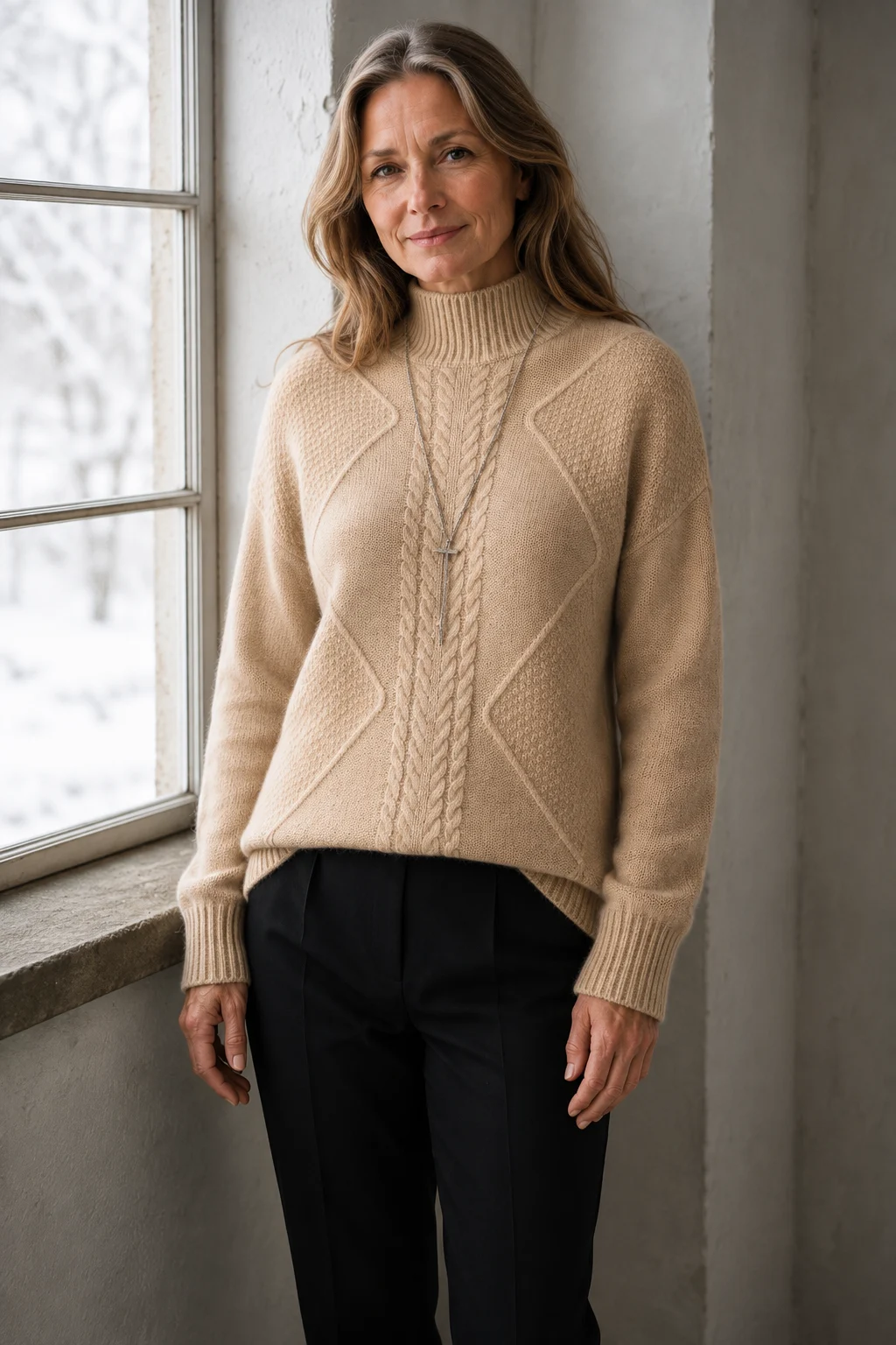 Catherine beige cable-knit sweater worn by a woman with long highlighted hair and relaxed arms beside a window.