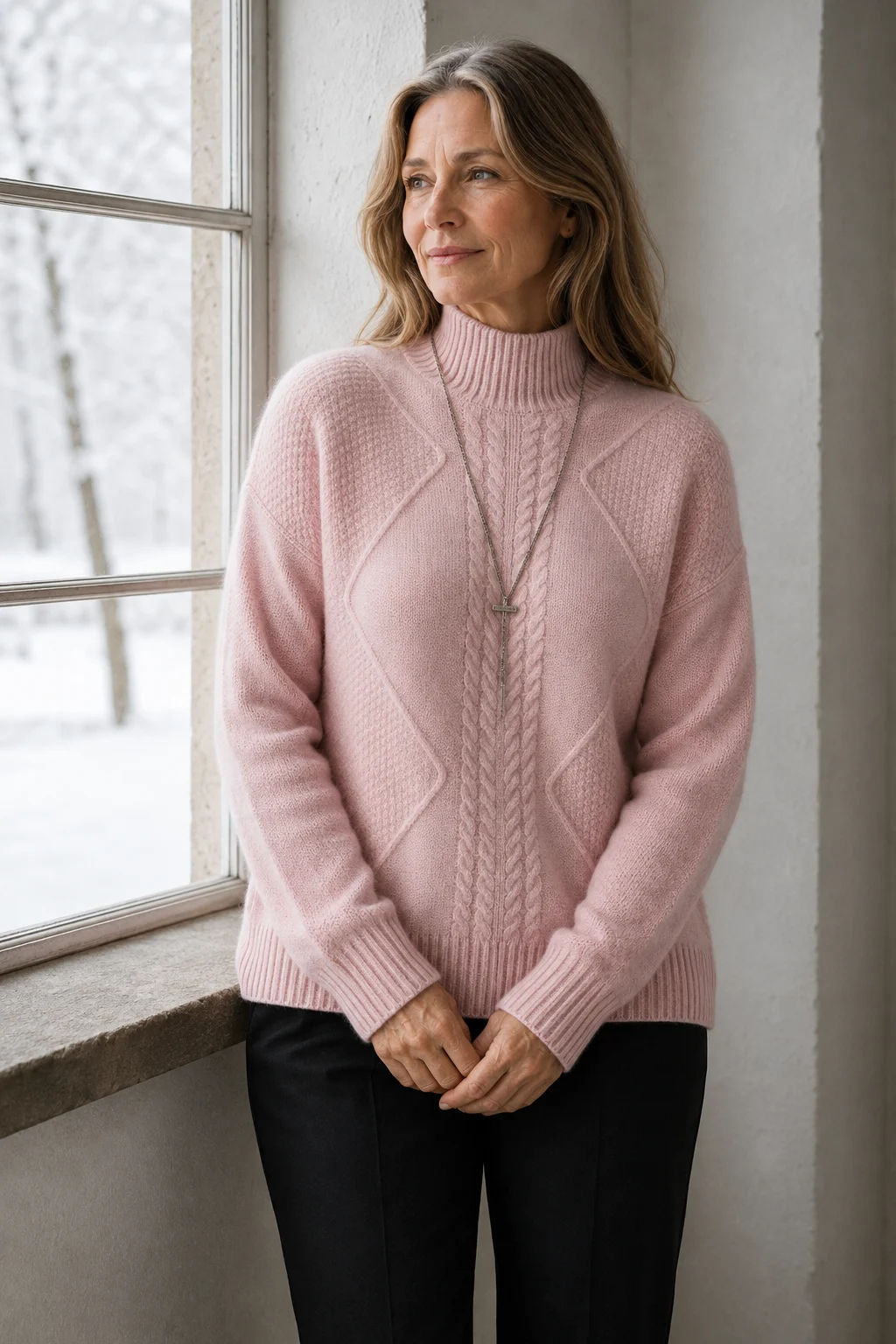 Catherine blush pink cable-knit sweater worn by a woman with long highlighted hair and hands loosely clasped beside a window.