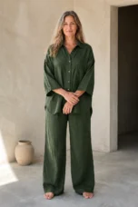 Celestina | Linen Blend Shirt and Trousers - Forest Green