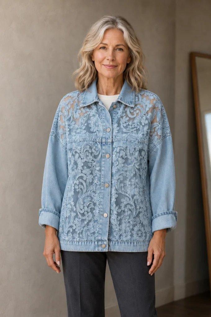 Celestine Long Sleeve Layering Shirt in Blue, gesloten vooraanzicht met torso-uitsnede