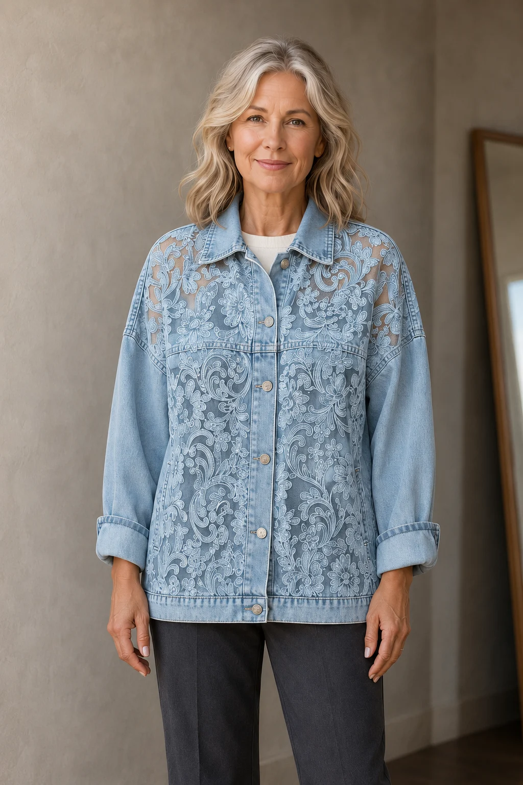 Celestine Long Sleeve Layering Shirt in Blue, gesloten vooraanzicht met torso-uitsnede