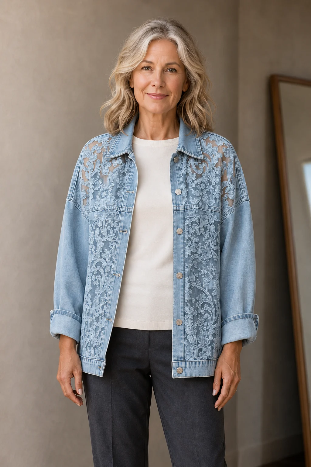 Celestine Long Sleeve Layering Shirt in Blue, open vooraanzicht met torso-uitsnede