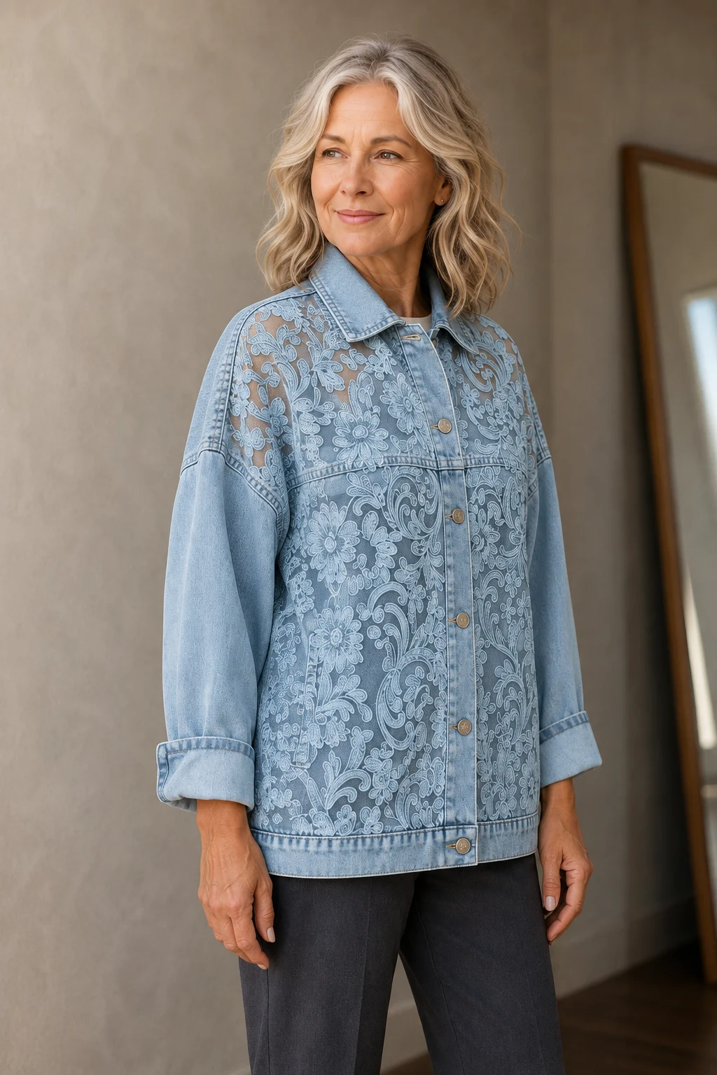 Celestine Long Sleeve Layering Shirt in Blue, driekwart zijaanzicht met torso-uitsnede