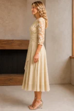 Champagne Lace Three-Quarter Sleeve Dress - left side view