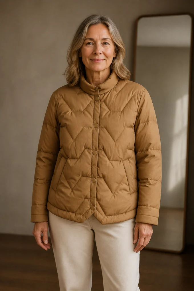 Chevron quilted down jacket closed