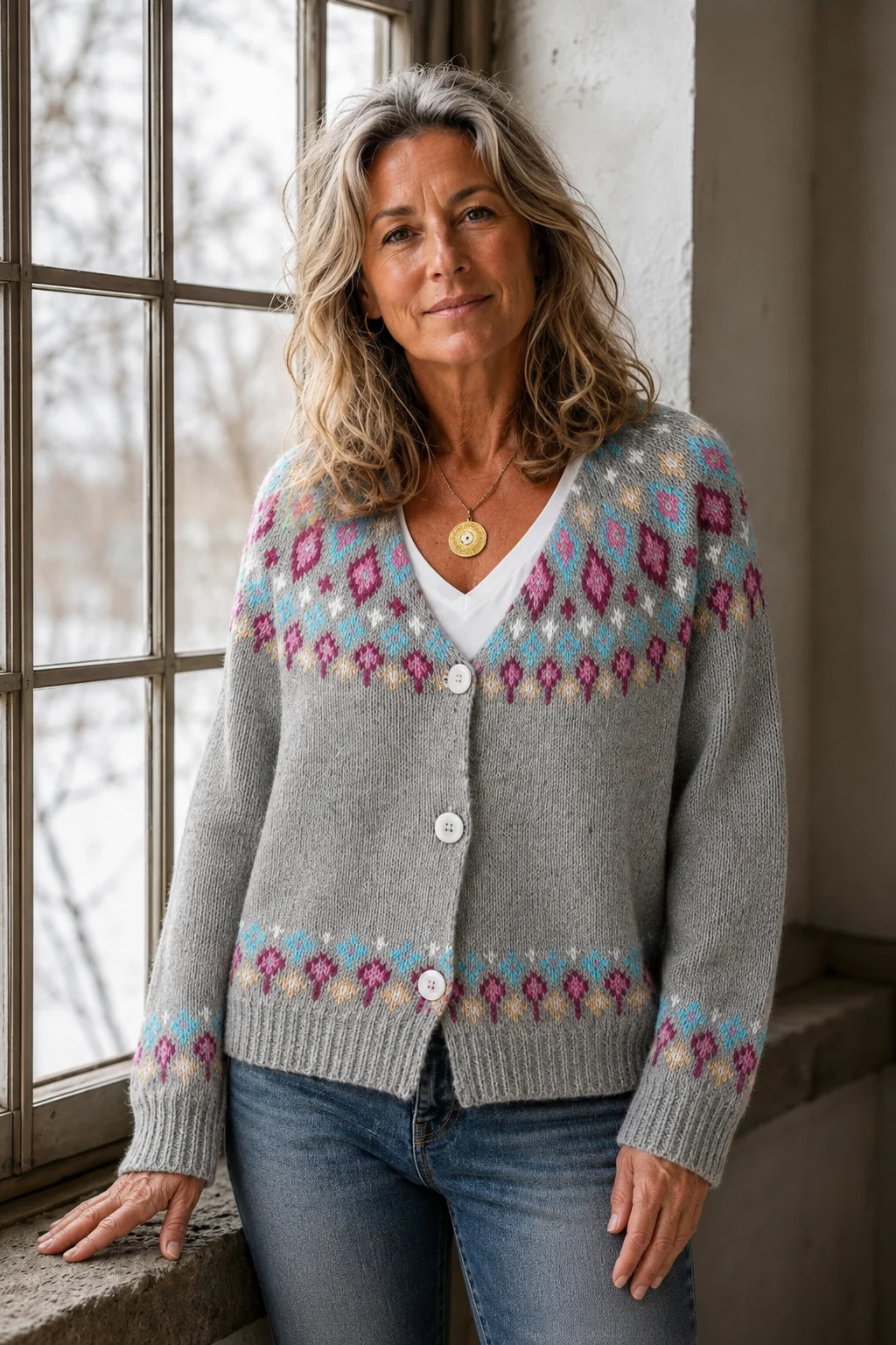 Clara grey Fair Isle cardigan on the same woman as the main hero, resting one hand naturally on a windowsill