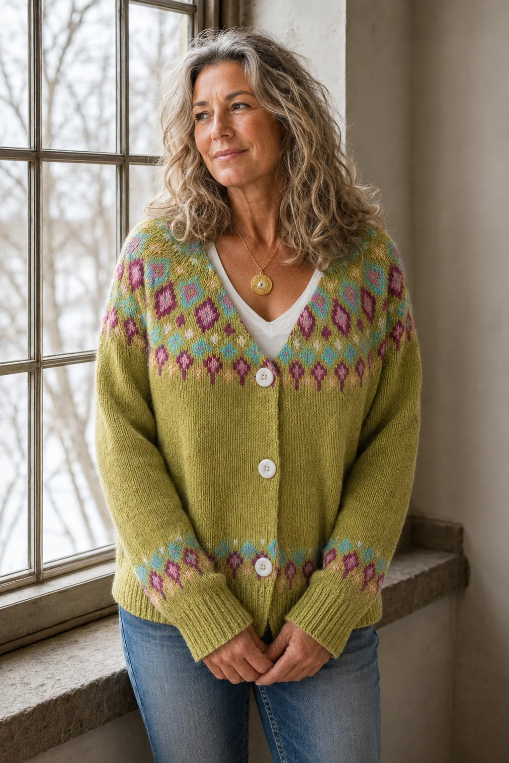 Clara olive-green Fair Isle cardigan on the same woman as the main product photo, with hands loosely clasped by a window