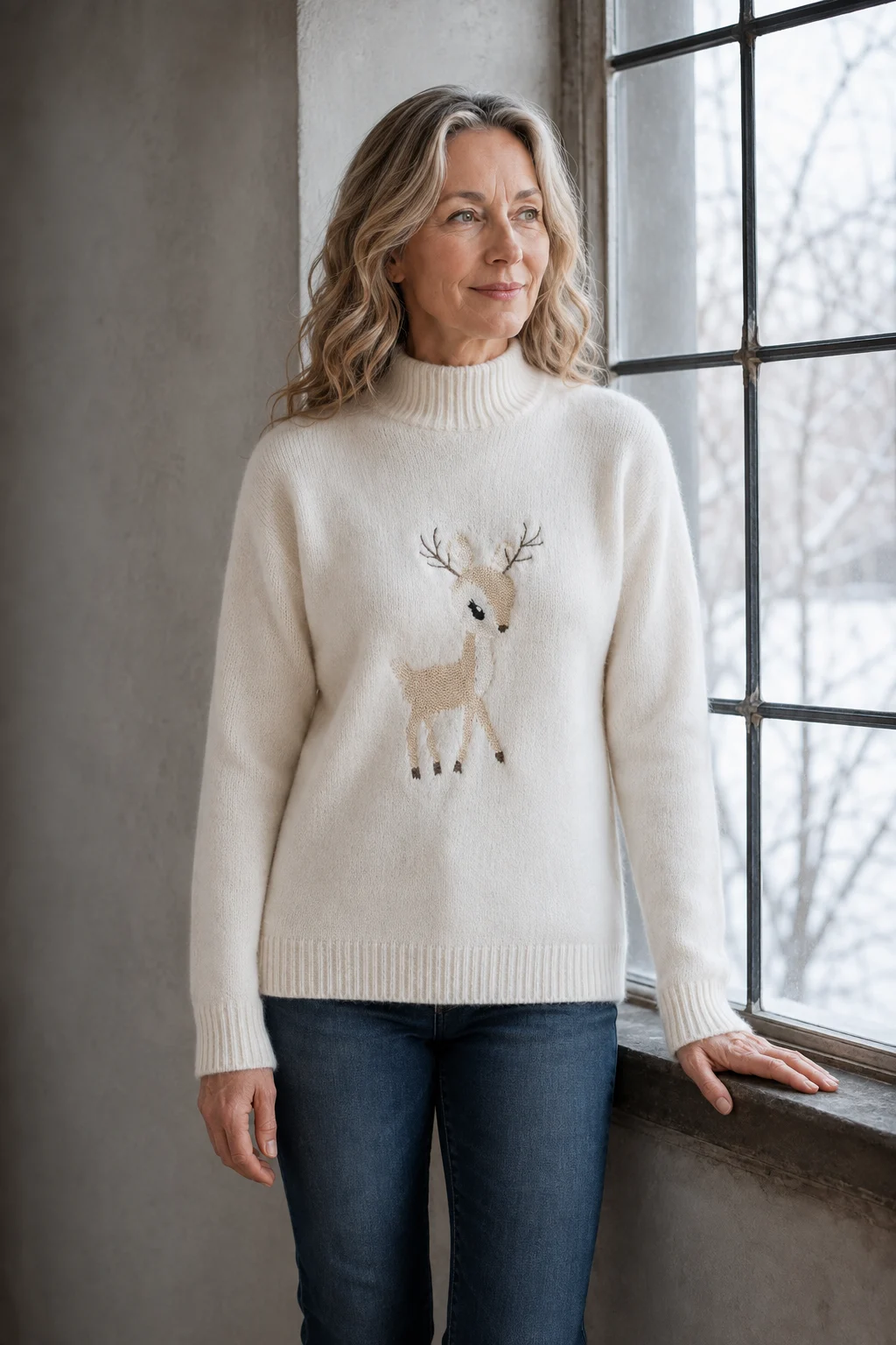 Colette apricot ivory deer-embroidered knit worn by a woman with wavy grey-blonde hair, one hand resting on a windowsill.
