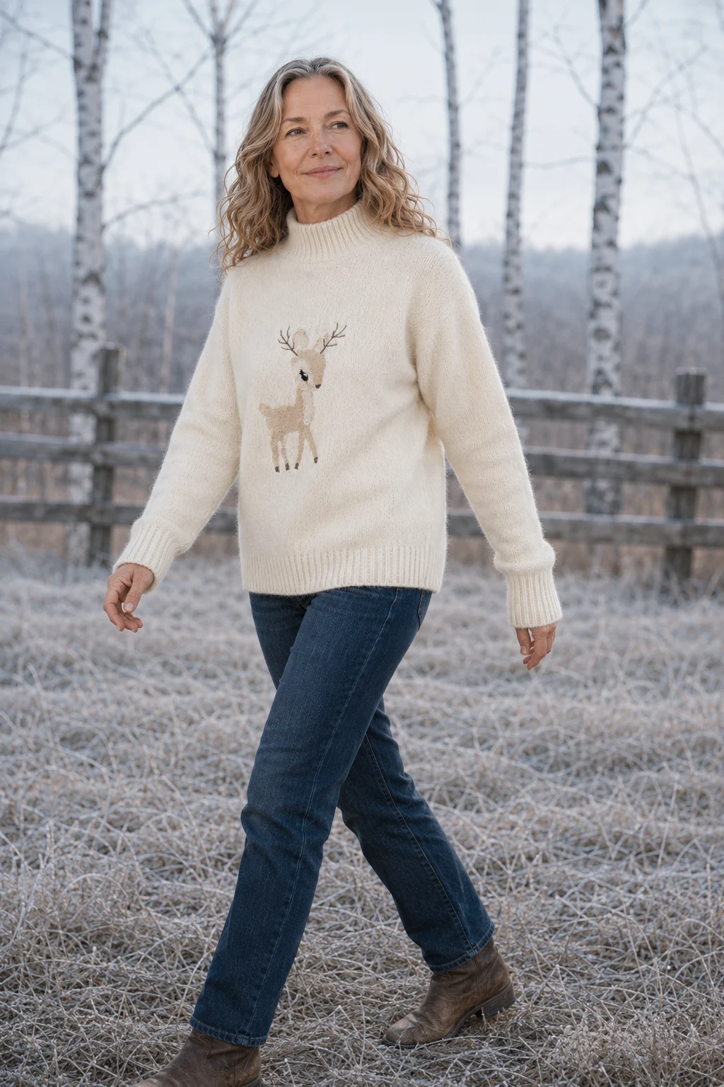 Colette Embroidered Half-Collar Knit in beige, outdoor editorial view