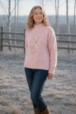Colette Embroidered Half-Collar Knit in pink, outdoor editorial view