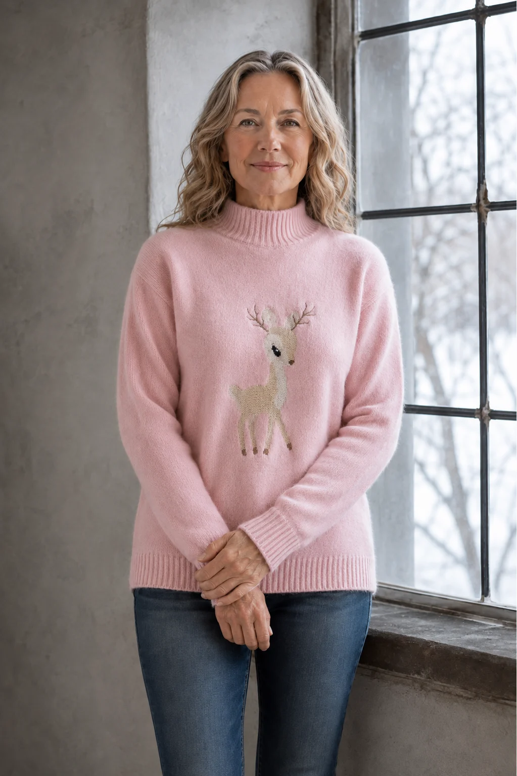Colette pink embroidered half-collar knit sweater, model standing by a window with hands gently crossed.