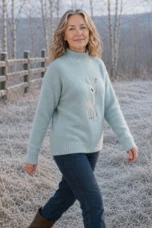 Colette Embroidered Half-Collar Knit in sage, outdoor editorial view
