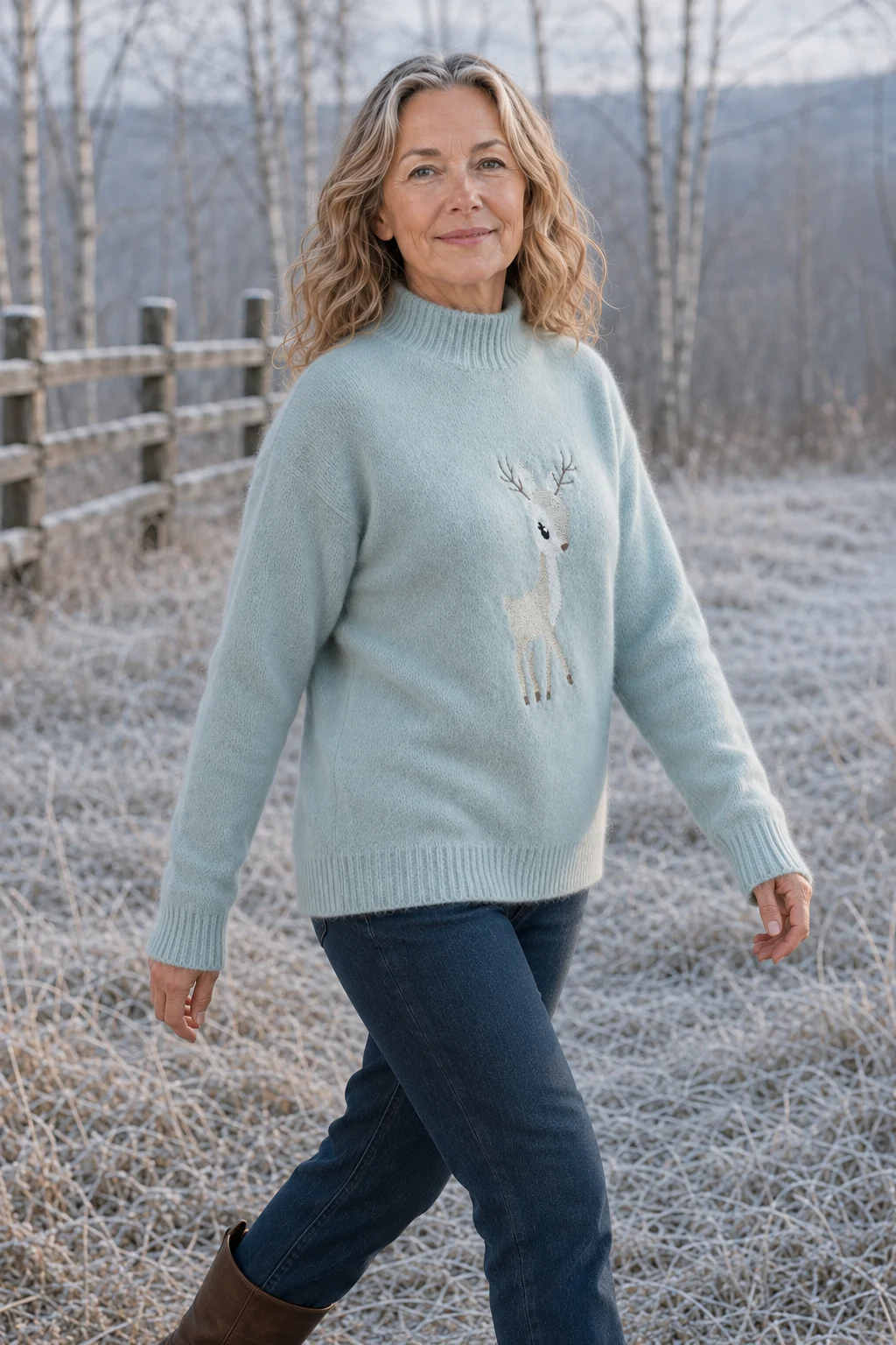 Colette Embroidered Half-Collar Knit in sage, outdoor editorial view