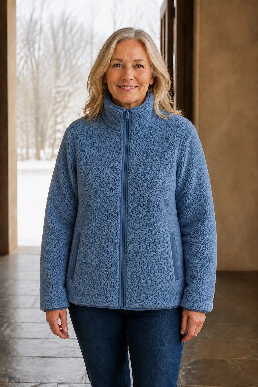 Constance Sherpa Teddy Zip Jacket Blue front closed