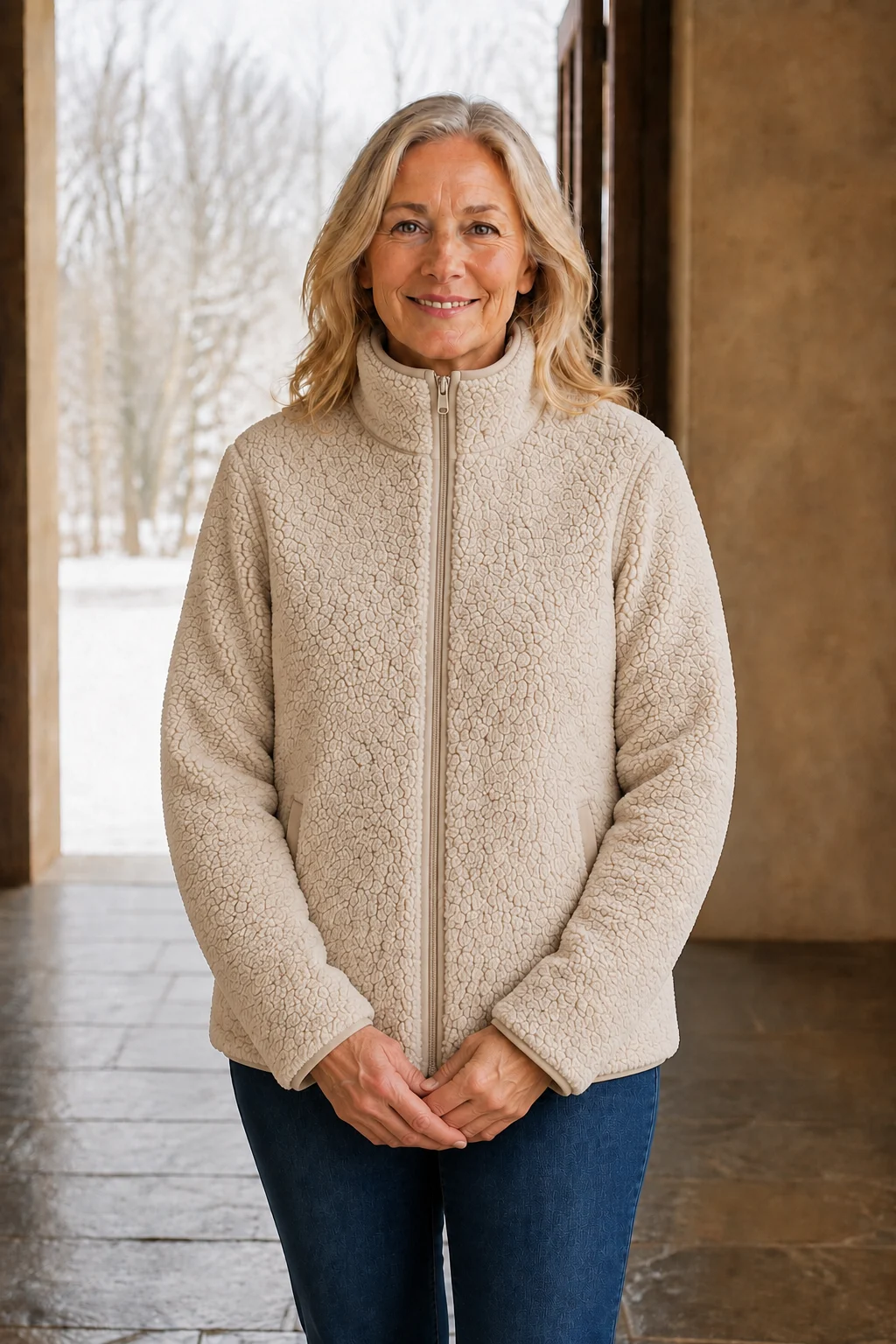 Constance Sherpa Teddy Zip Jacket Beige front