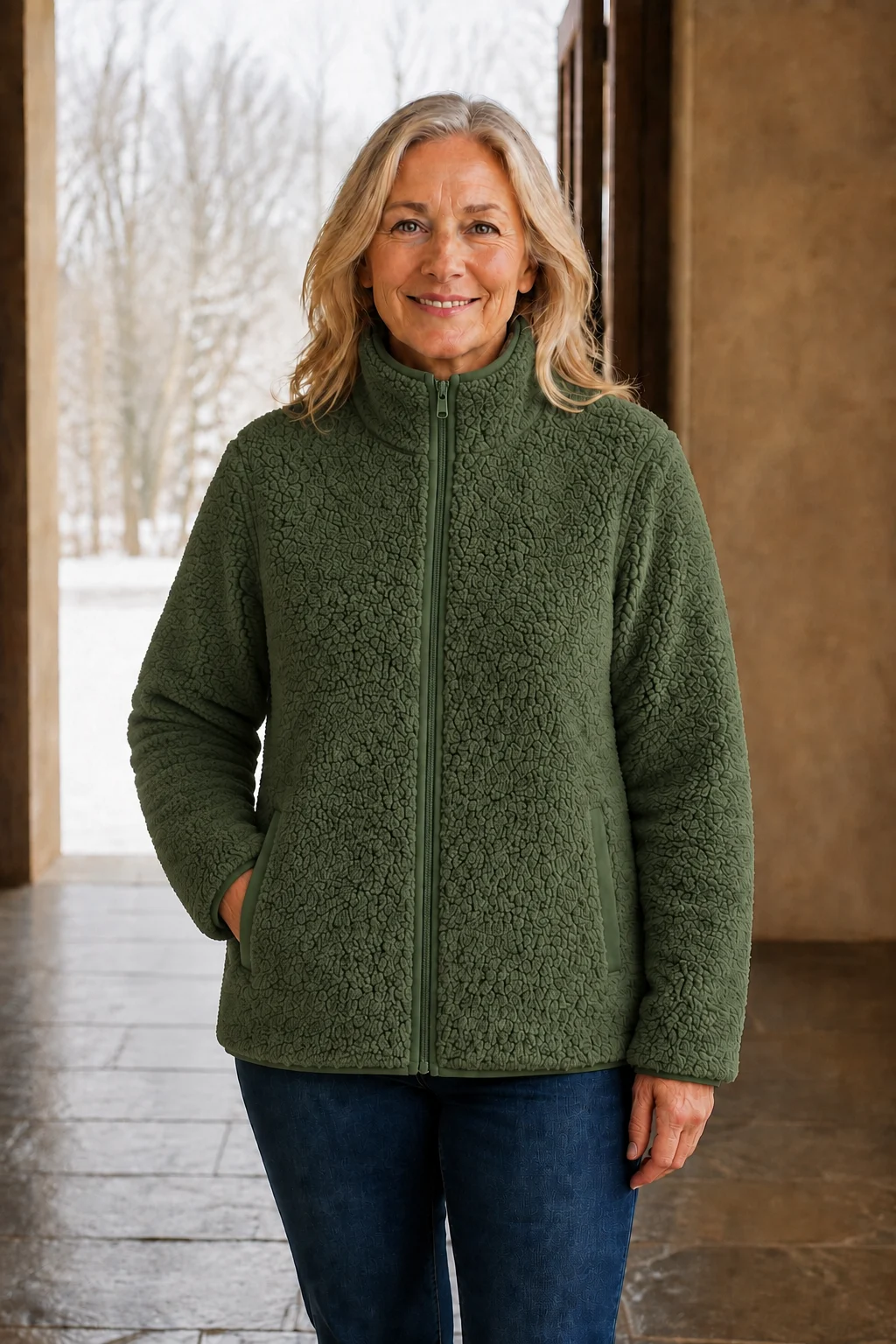 Constance Sherpa Teddy Zip Jacket Green front