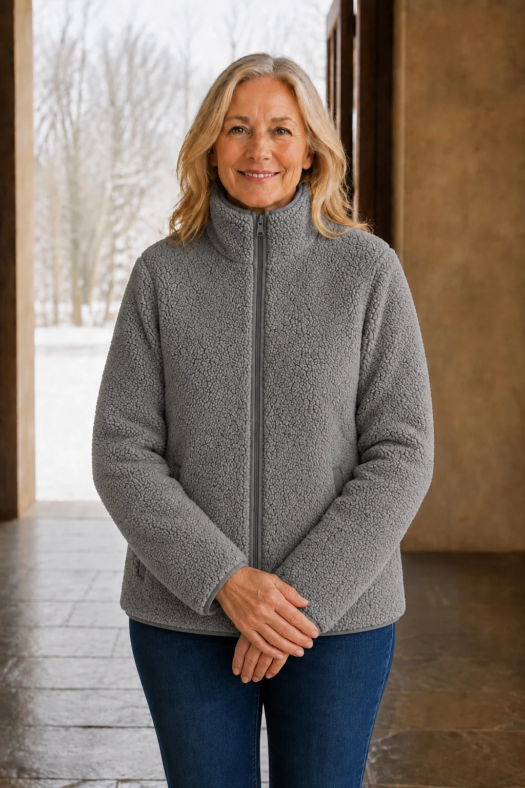 Constance Sherpa Teddy Zip Jacket Grey front