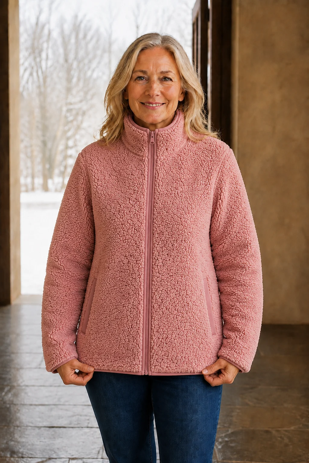 Constance Sherpa Teddy Zip Jacket Pink front