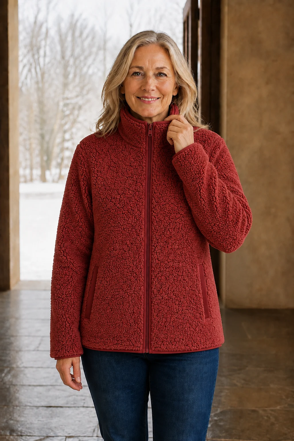 Constance Sherpa Teddy Zip Jacket Red front