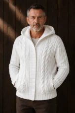 Chunky Cable Knit Hooded Cardigan - White