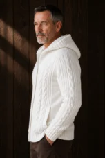 Chunky Cable Knit Hooded Cardigan - White