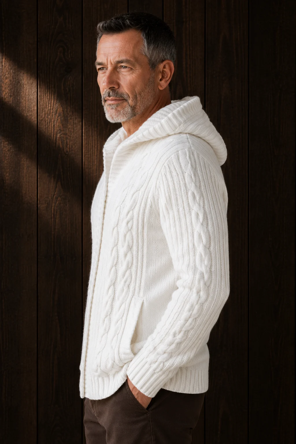 Chunky Cable Knit Hooded Cardigan - White