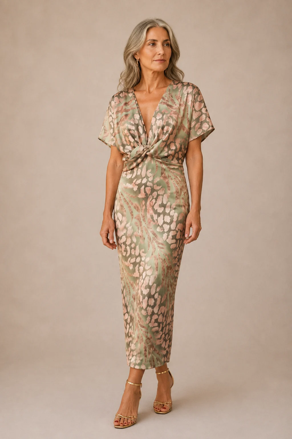 Full-length editorial image of Copper Tie Waist Midi Dress