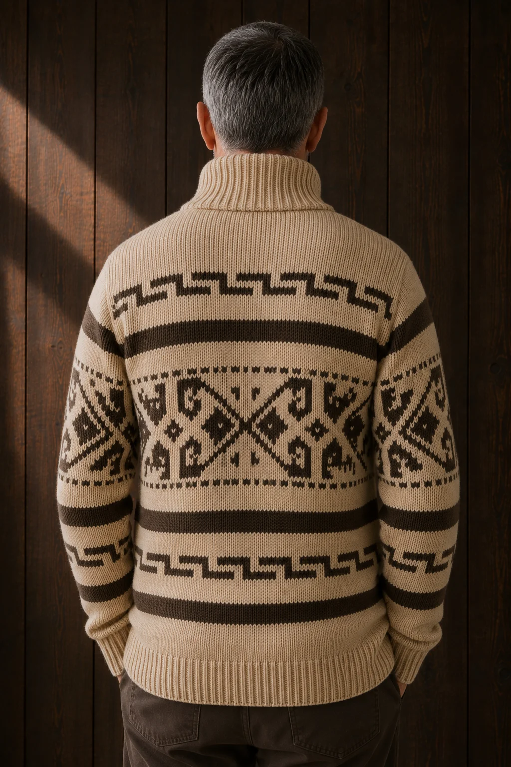 Wool Blend Aztec Knit Cardigan - Khaki