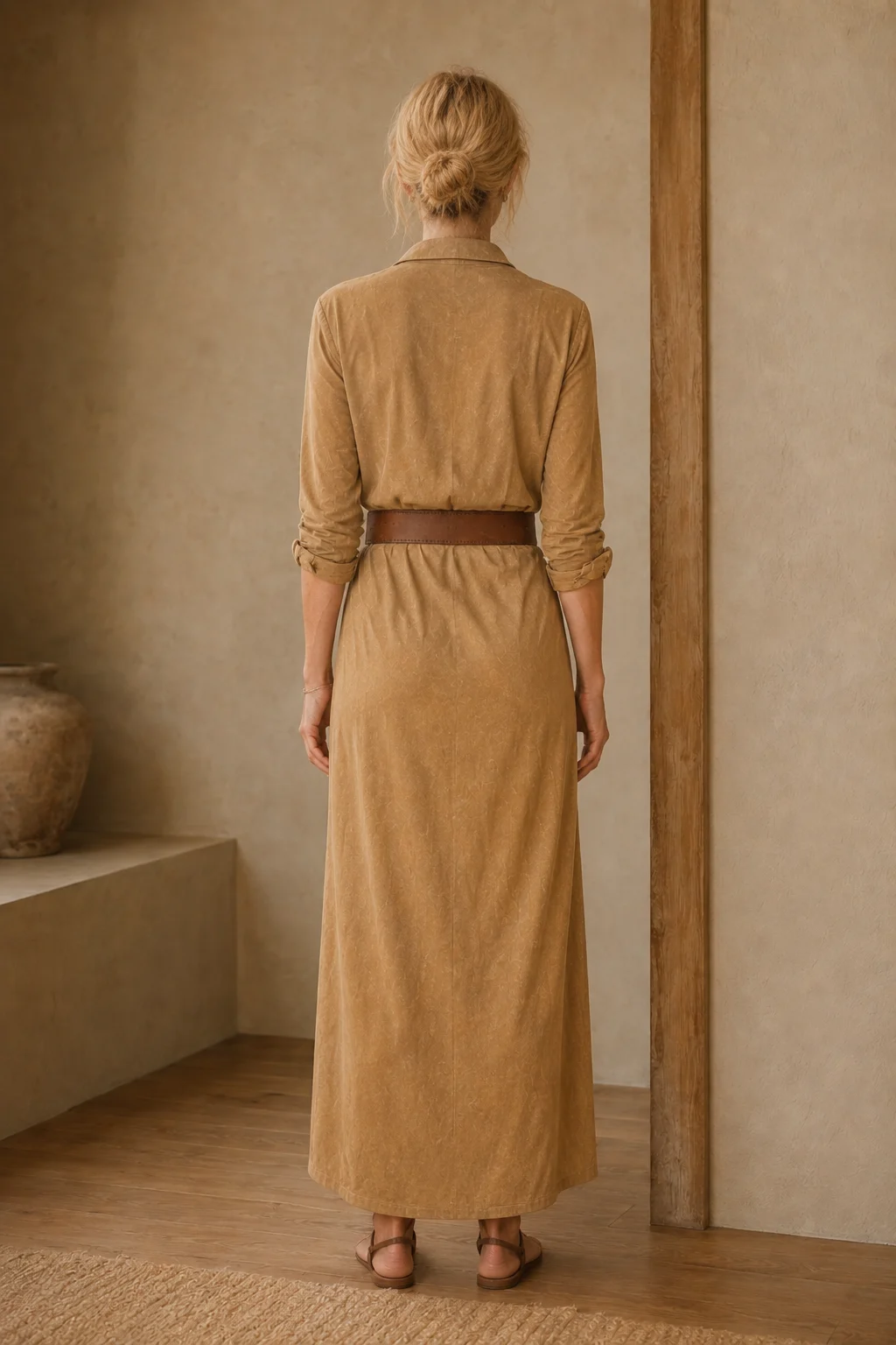 Cotton Blend Belted Maxi Dress - back view