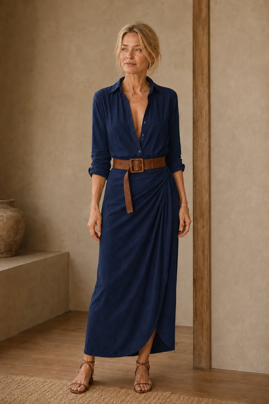 Cotton Blend Belted Maxi Dress - Navy