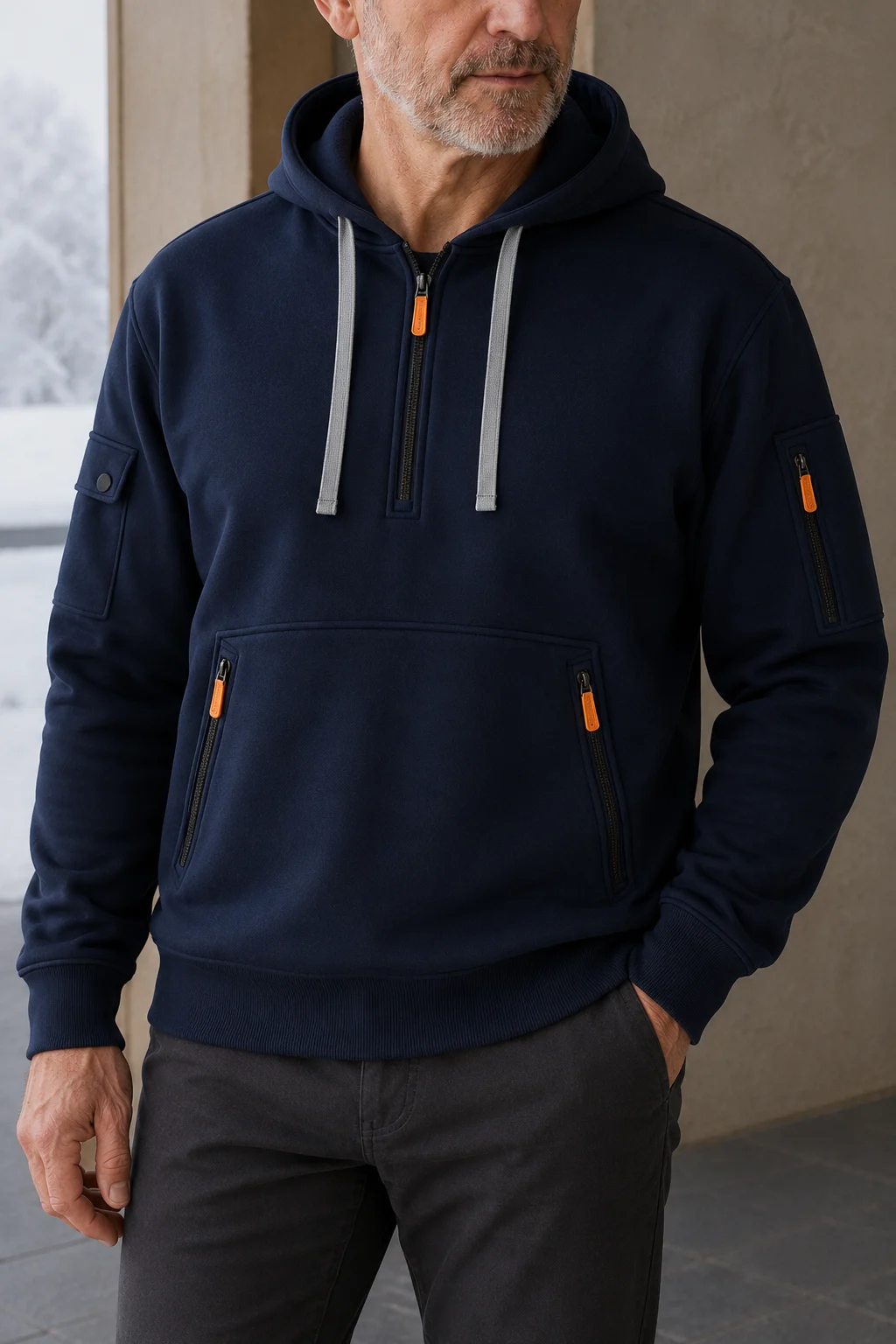 Cotton Blend Half Zip Hoodie - close-up