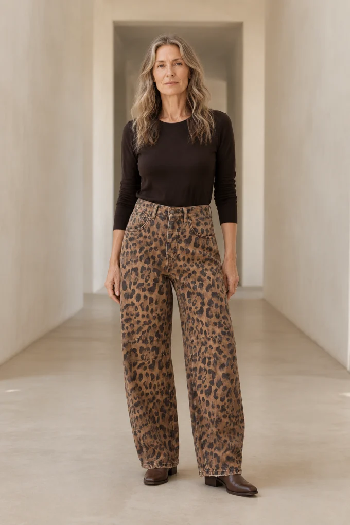 Leopard print Cotton Denim Barrel Leg Jeans on a mature woman in an empty hallway