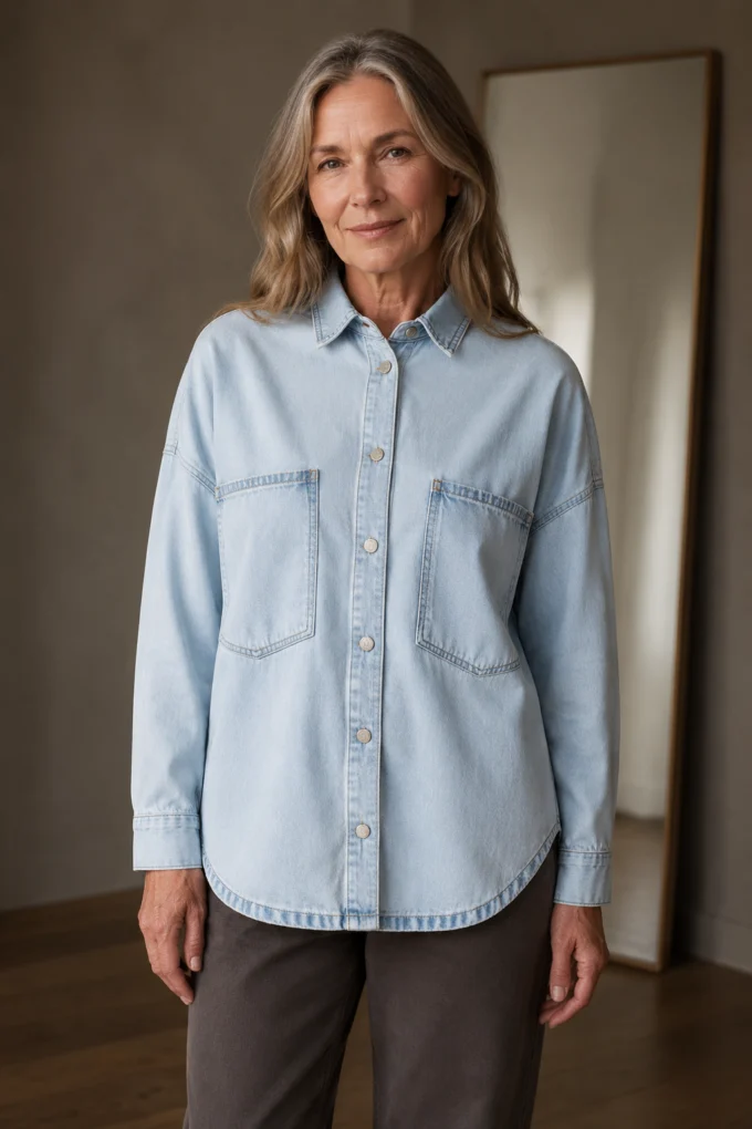 Cotton denim shirt jacket closed