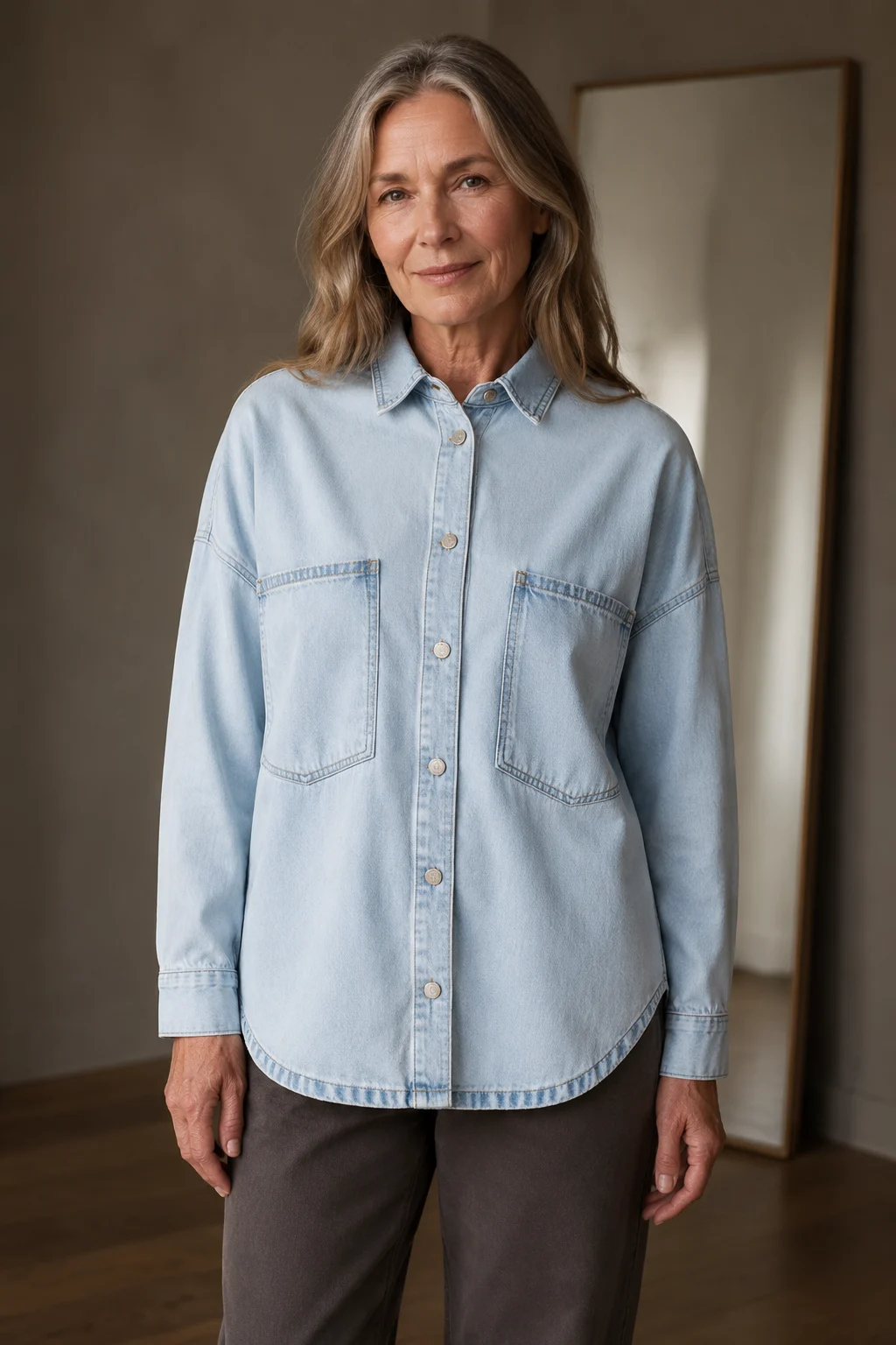 Cotton denim shirt jacket closed