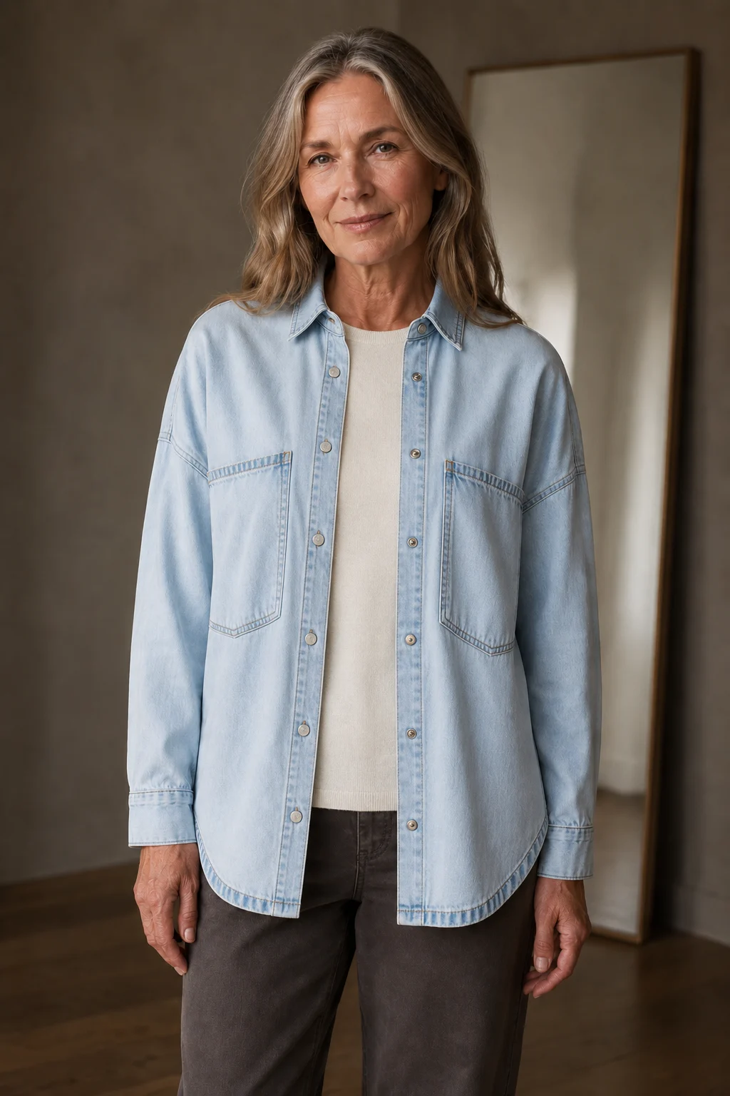 Cotton denim shirt jacket open