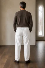 Cotton linen drawstring trousers White back view