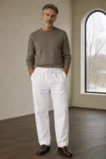 Cotton linen drawstring trousers White waist to hem