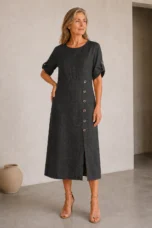 Cotton Linen Side Split Dress - Black