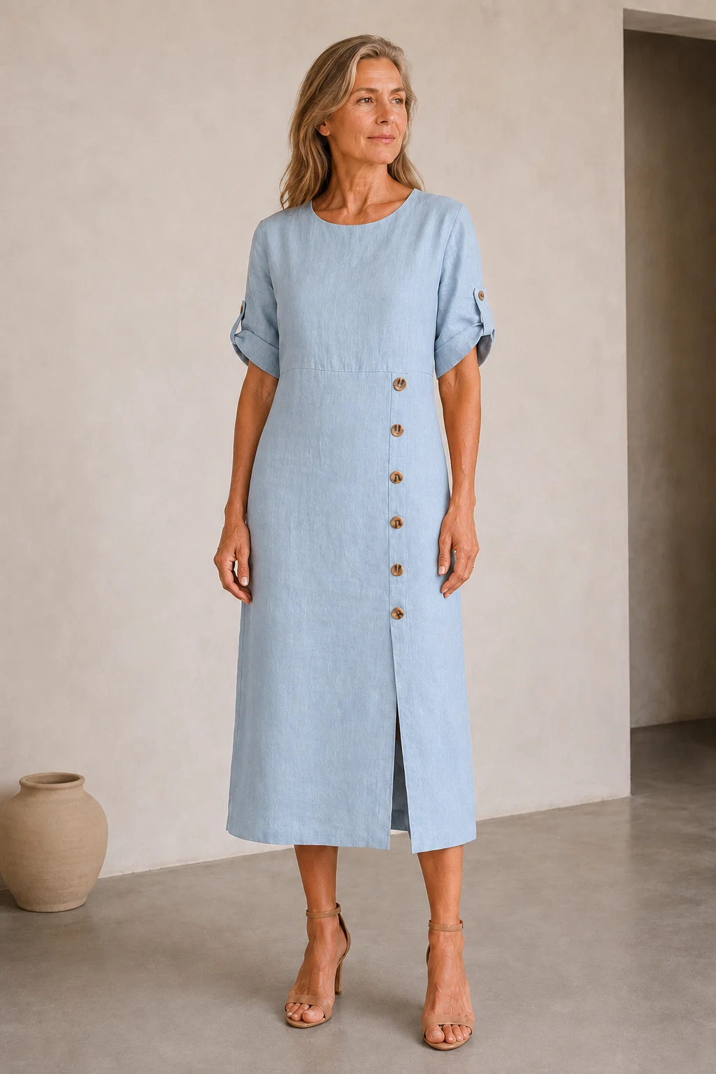 Cotton Linen Side Split Dress - Blue