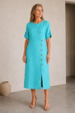 Cotton Linen Side Split Dress - Cyan