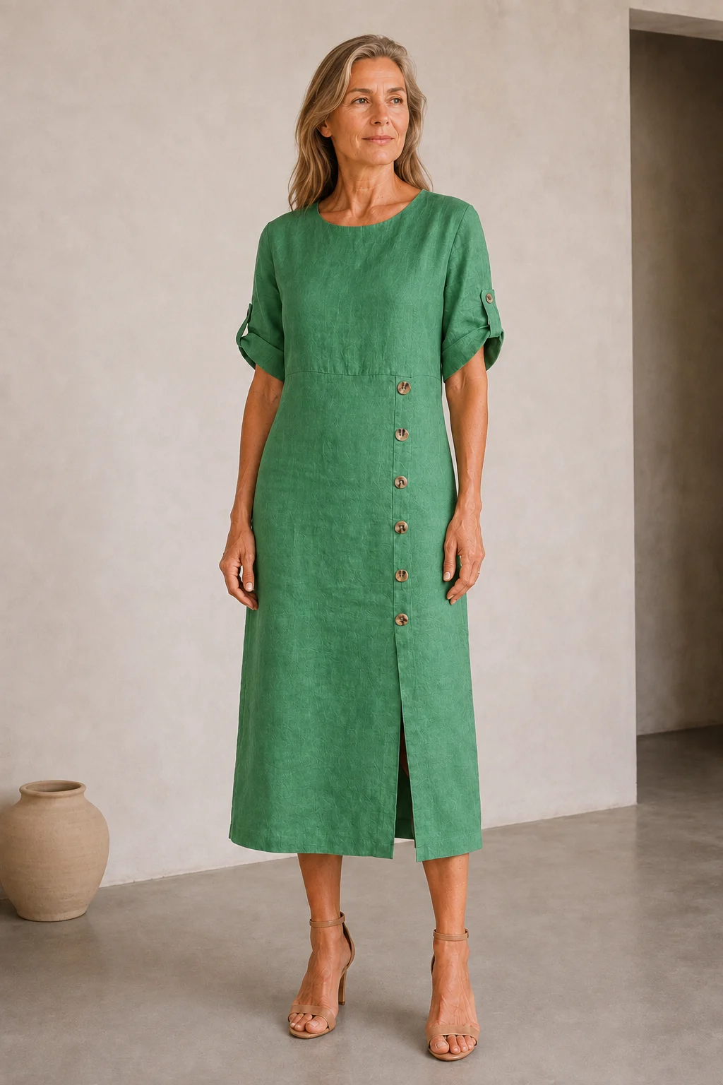Cotton Linen Side Split Dress - Green