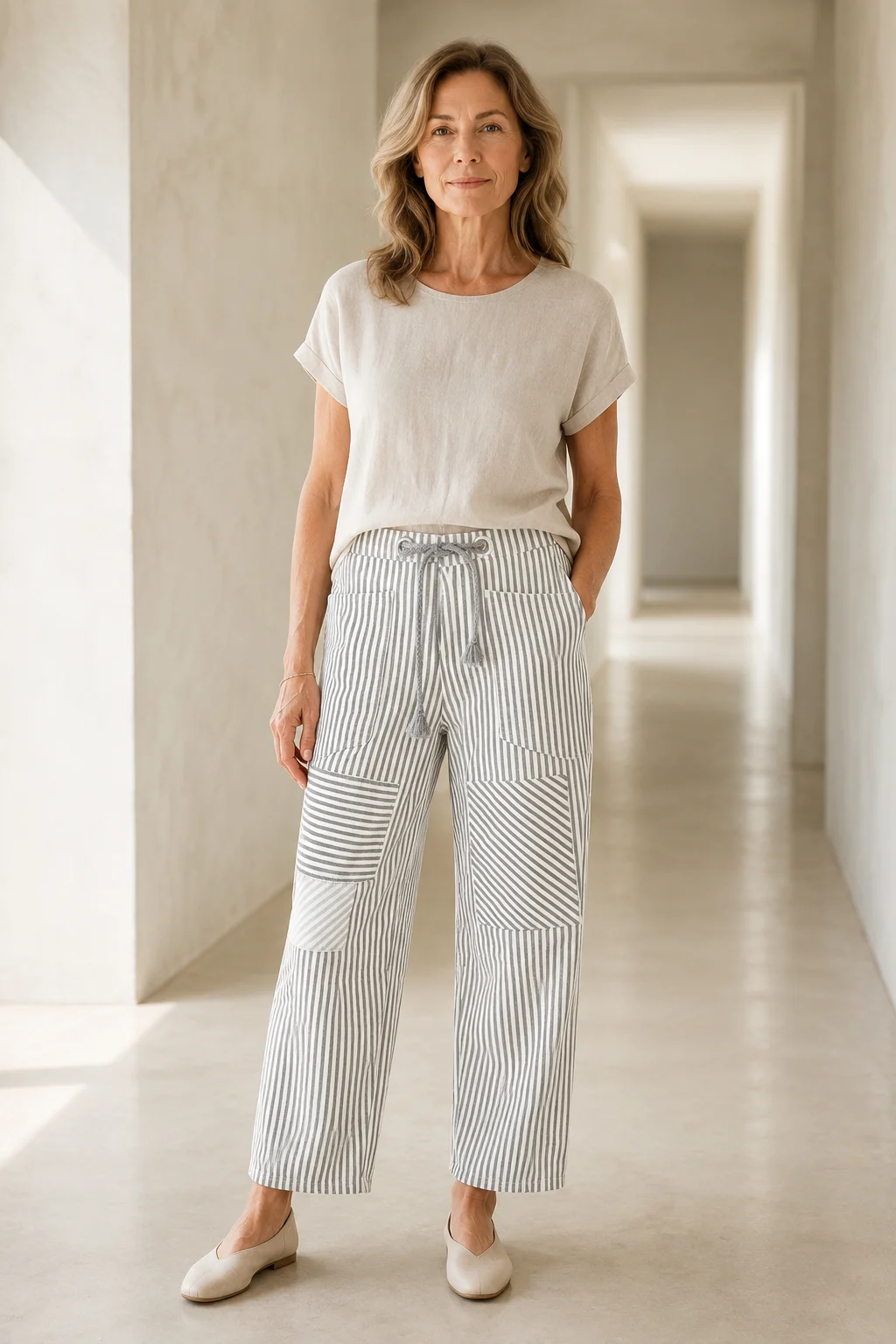 Cotton Linen Striped Drawstring Trousers