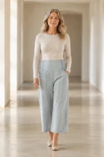 Cotton Linen Wide Leg Pants on a mature woman in an empty hallway