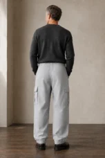 Grey cotton multi pocket cargo trousers back view