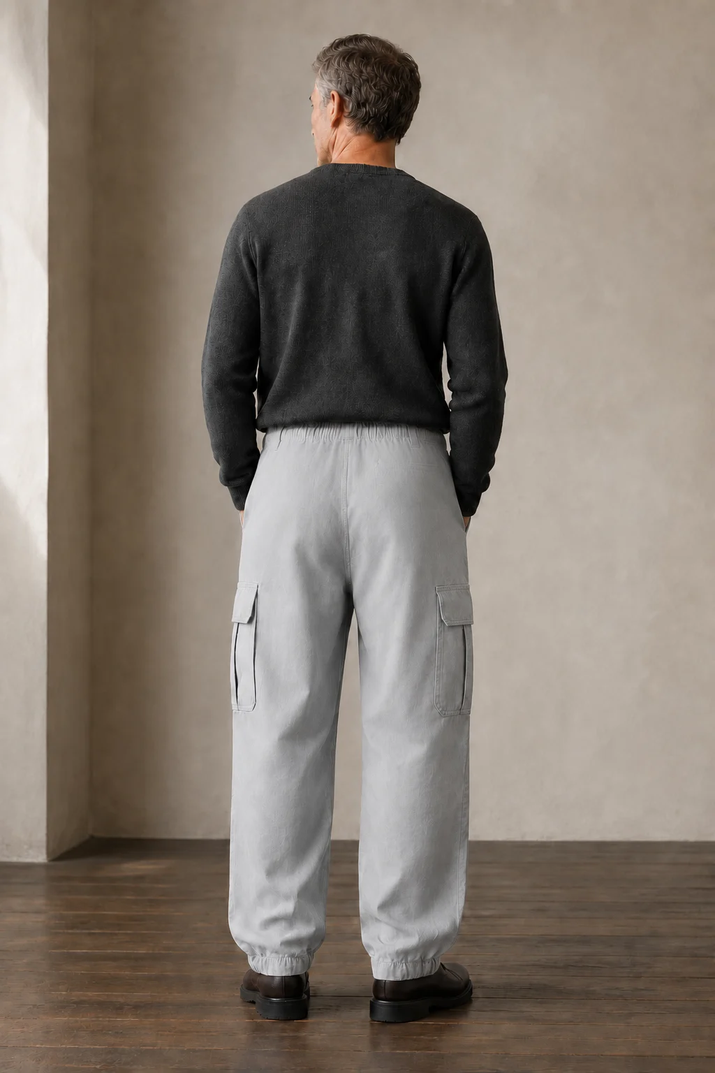 Grey cotton multi pocket cargo trousers back view