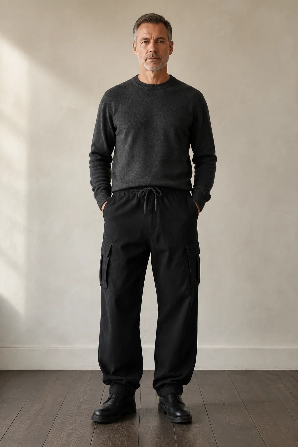 Black cotton multi pocket cargo trousers front hero