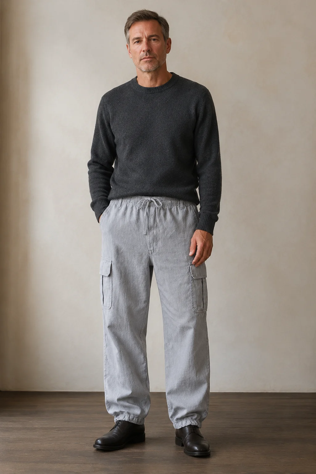Grey cotton multi pocket cargo trousers front hero
